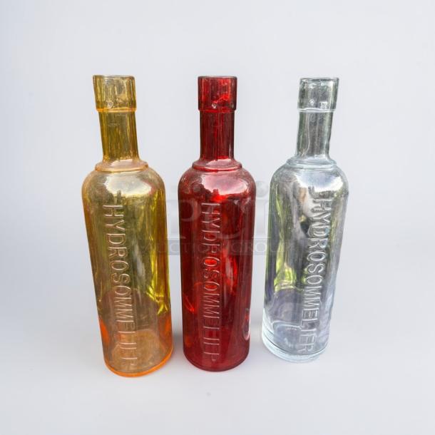 HydroSommelier Embossed Glass Water Bottles in amber, red, and clear; excellent condition, commercial use, and ready for service.