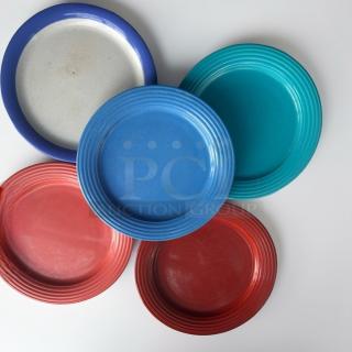 Five colorful 9-inch restaurant salad plates, heavy-duty and fully inspected, by Commercial Foodservice Supplier.