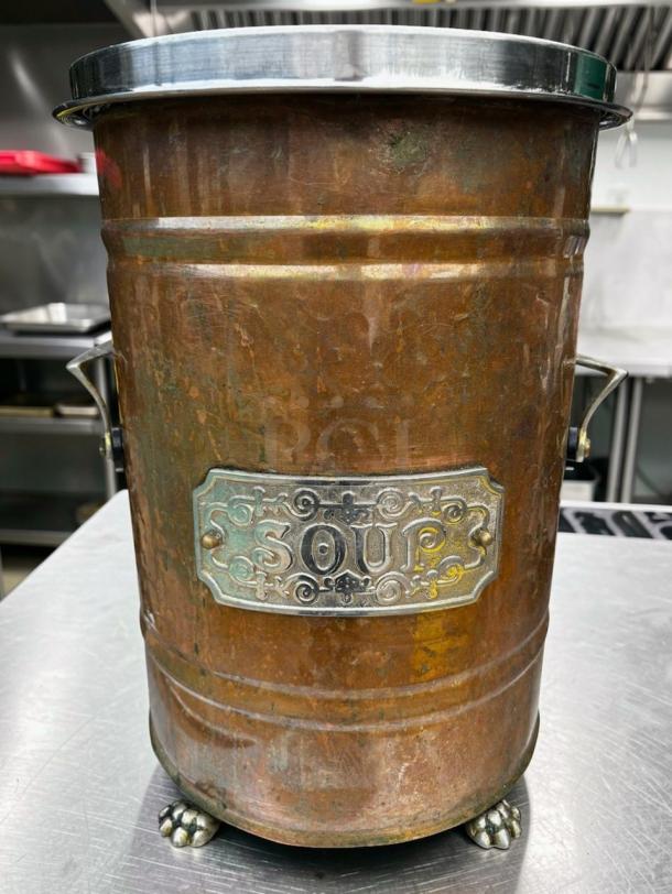 Vintage copper soup kettle with decorative "SOUP" plaque, commercial use, in outstanding condition, ready for service.