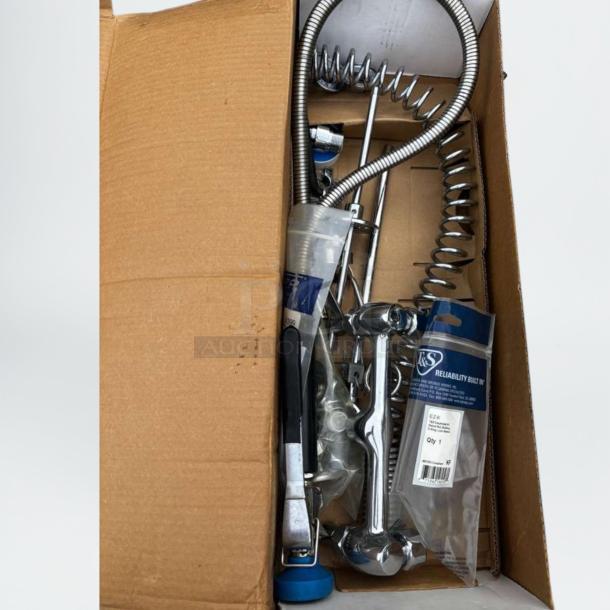 Immaculate T&S Brass Pre-Rinse Faucet Assembly, stainless steel, commercial-grade, fully inspected, ready for use, in original packaging.