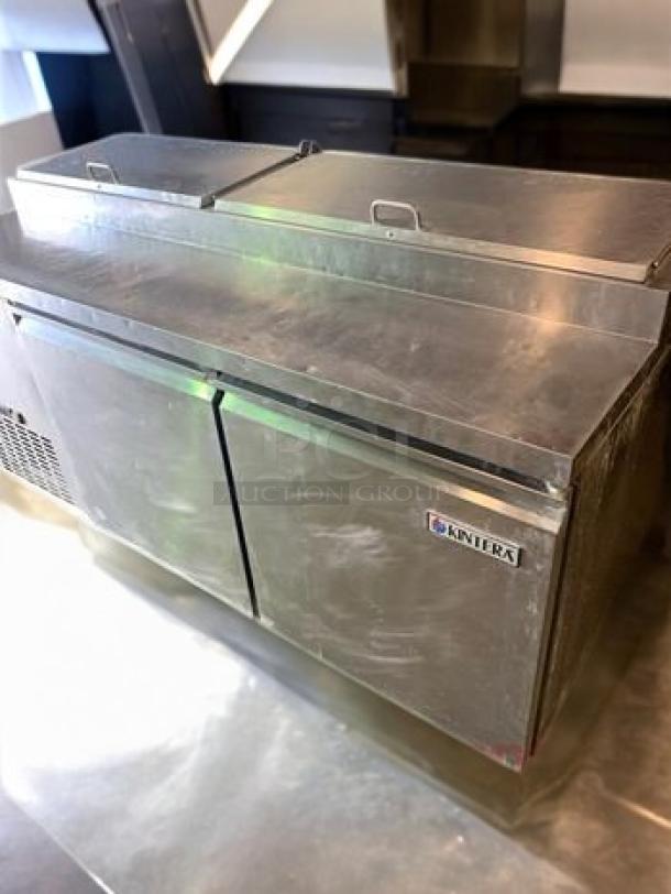 Randell 84120M refrigerated sandwich prep table, 120-inch, dual lid, stainless steel, tested, operational, 115V, excellent condition.