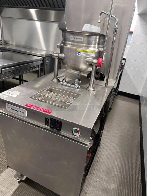 Brand new Cleveland 24GMK6200 gas steam kettle, 24-gallon, NSF & CSA certified, fully tested, Cleveland Range label visible.