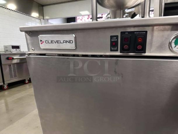 Brand new Cleveland 24GMK6200 gas steam kettle, 24-gallon, NSF & CSA certified, stainless steel, fully operational, model label visible.