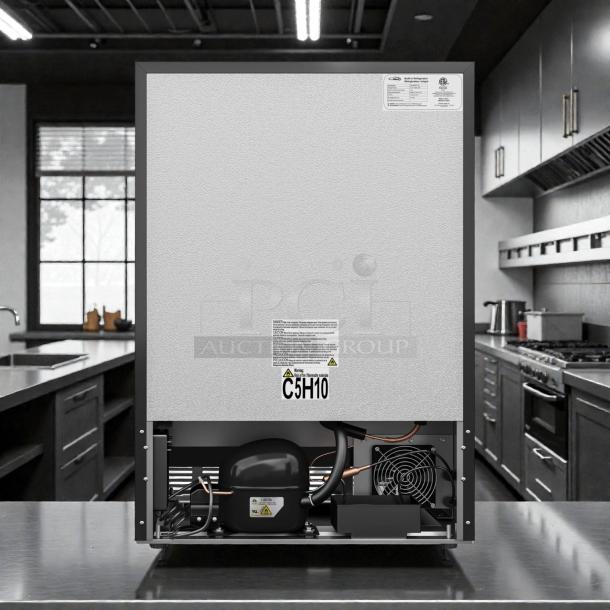 Brand new KoolMore KM-BIR5C-SS built-in refrigerator, stainless steel, 5 cu. ft., rear view showing compressor and labels.