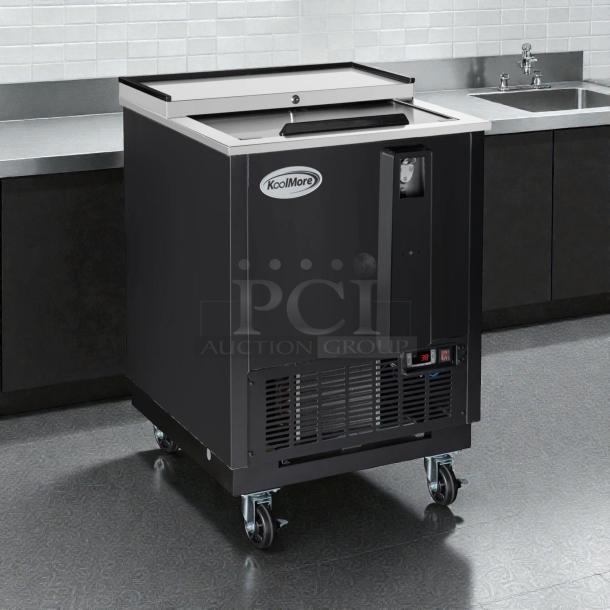 Brand new KoolMore 25" commercial bottle cooler, model KM-BOC25-BK, 5 Cu. Ft., built-in opener, ETL listed, on wheels.