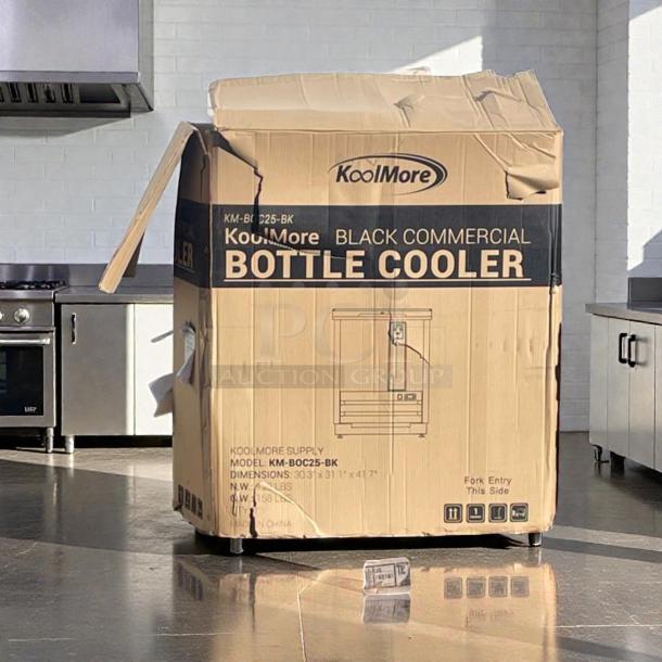 Brand new KoolMore KM-BOC25-BK bottle cooler in box. 25 in., 5 cu. ft., with built-in opener. ETL listed.