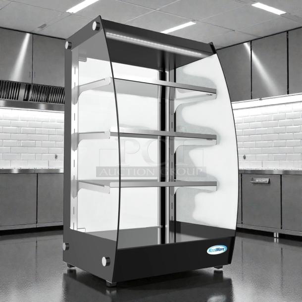 Brand new KoolMore DC-3CB pastry display case, LED lighting, rear door, 2.7 Cu. Ft. capacity, in original box.