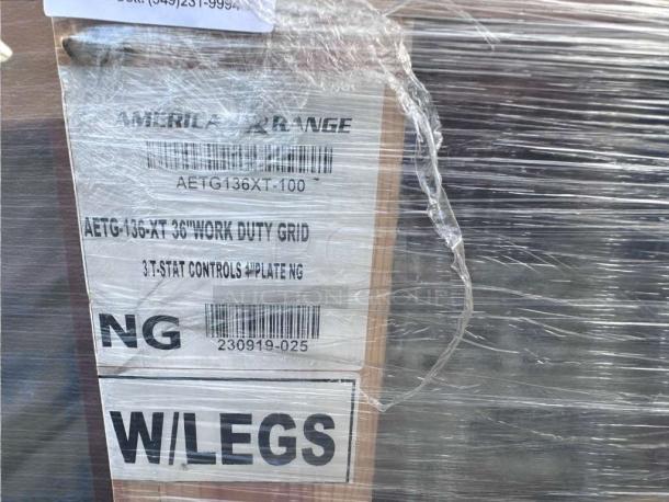 Brand new American Range 36" Countertop Thermostatic Gas Griddle, model ARTG-36-24, sealed in shrink wrap, with labels indicating "NG" and "W/LEGS".