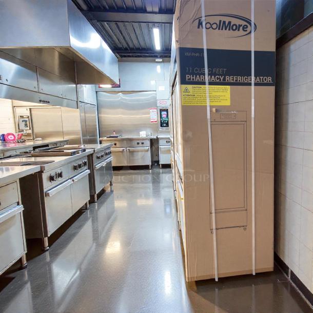 Brand new KoolMore KM-PHR-11C commercial pharmacy refrigerator in original box, 11 Cu. Ft., UL Listed, premium condition.
