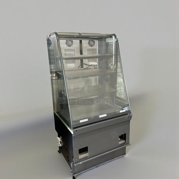 Curved Glass Refrigerated Display Case, excellent condition, 4 adjustable shelves, 115V, UL Listed, fully tested, by Commercial Refrigeration Manufacturer.