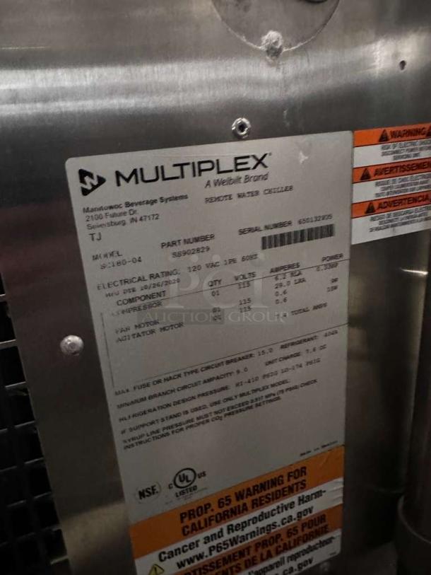 MULTIPLEX S-180-04 label on Manitowoc Beverage Systems ice and beverage dispenser. UL listed, 120V, Sellersburg, Indiana.
