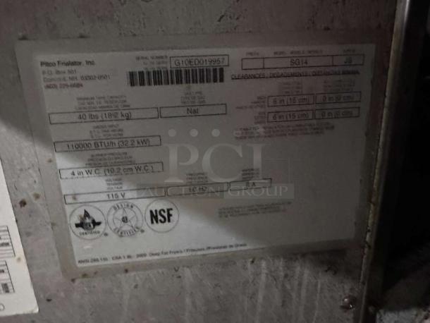 Pitco SG14 gas fryer label showing 40 lb capacity, 110,000 BTU, NSF & CSA certifications, and full operational status.