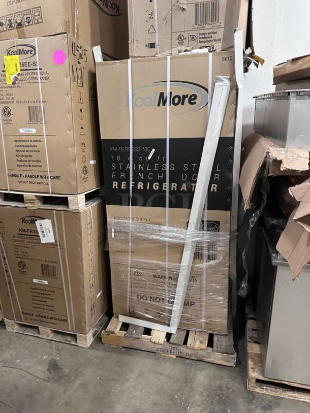 Brand New KoolMore KM-RERFDSS-18C 18.4 Cu. Ft Stainless Steel French Door Refrigerator in packaging, UL Listed.