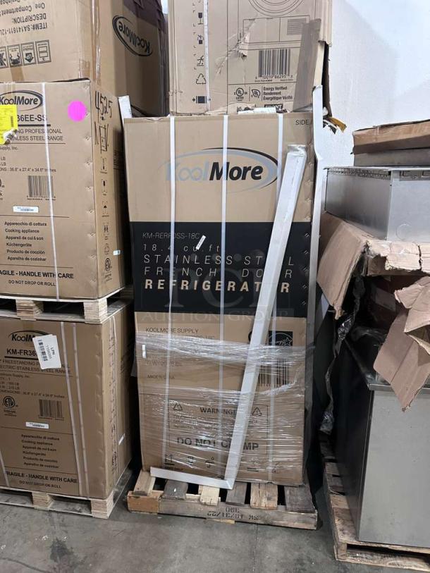 Brand new KoolMore KM-RERFDSS-18C 18.4 Cu. Ft stainless steel French door refrigerator in packaging, UL listed.