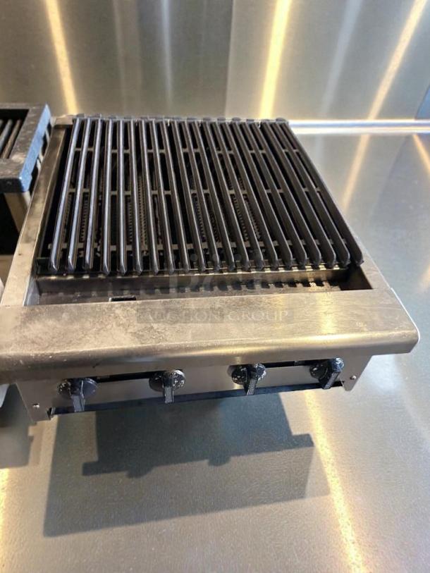 Commercial 4-Burner Gas Charbroiler in outstanding condition, heavy-duty stainless steel, natural gas, model CHAR-M-GAS-0543.