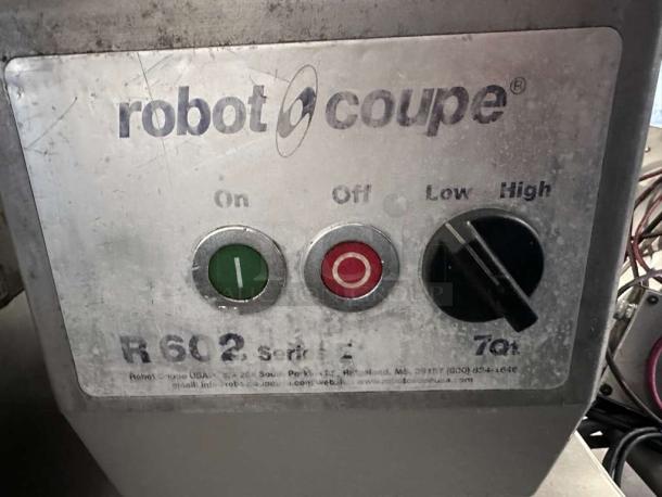 Robot Coupe R602 food processor controls with on/off buttons and speed dial. Stainless steel, UL & NSF listed.