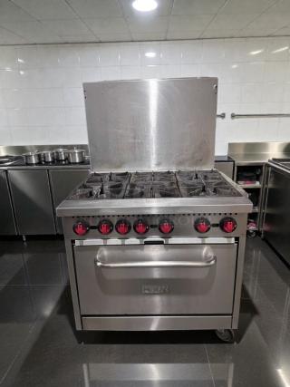 Montague 6-burner commercial gas range with oven, stainless steel, natural gas, NSF listed, fully tested, model MON-L-GAS-0542.