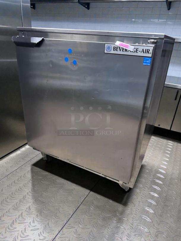 Stainless steel Beverage-Air undercounter commercial refrigerator, UL Listed, fully tested, operational, in refined condition.