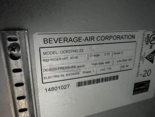 Beverage-Air undercounter commercial refrigerator label showing model UCR27HC-23, R290 refrigerant, UL listed, 115 VAC.