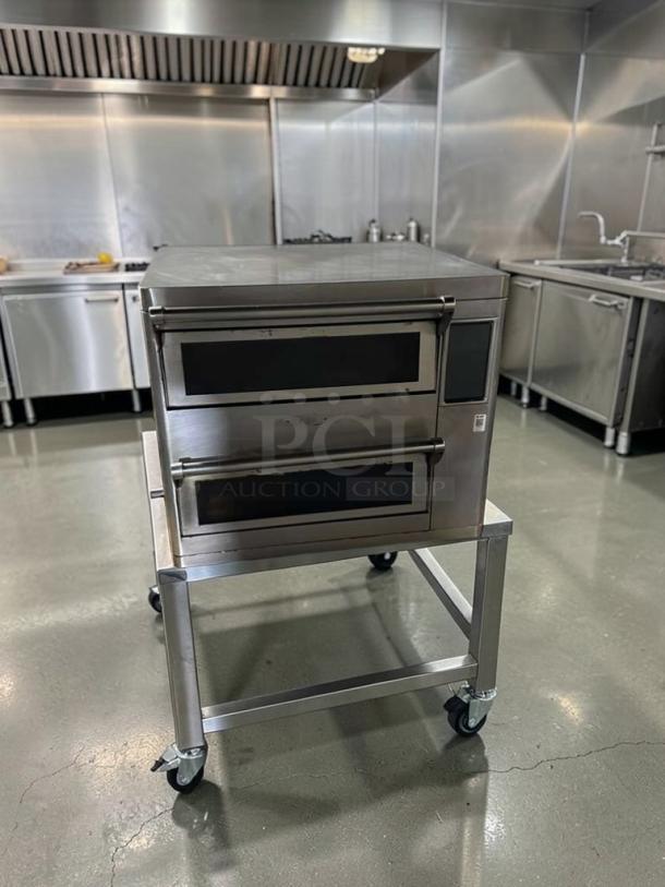 TurboChef HHD-9500 oven, ventless, high-speed, double batch, excellent condition, tested, 208/240V 3 phase, on cart.