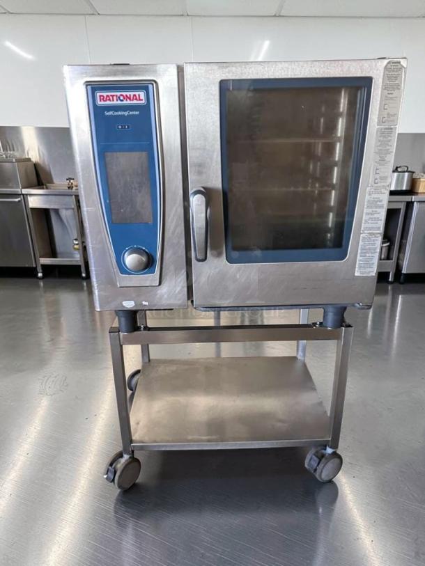 Rational SelfCookingCenter combi oven, stainless steel, prime condition, fully tested, model RAT-L-CMB-0636, on wheeled stand.