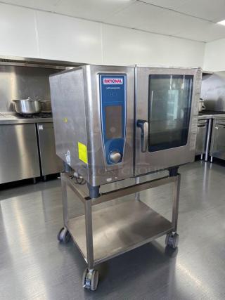 Rational SelfCookingCenter combi oven, stainless steel, model RAT-L-CMB-0636, fully operational, prime condition, on wheeled stand.