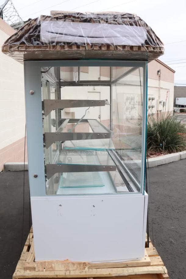 Brand new Avantco BCD-60-SW 60" white square dry bakery display case, 110V, out of packaging, may be missing small parts.