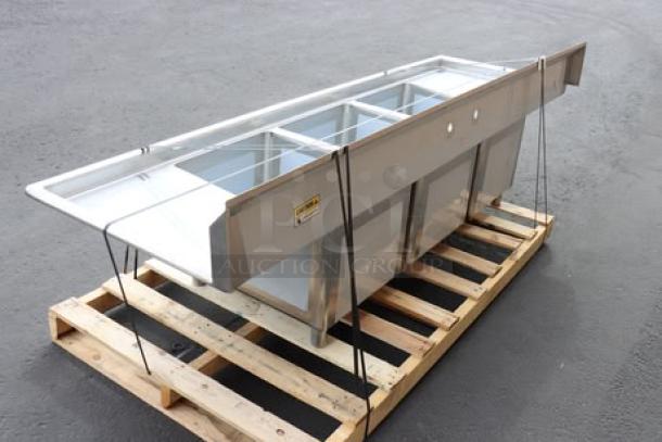 Regency 94" stainless steel three-compartment commercial sink, model 600S31824218, with minor scratching and dents.