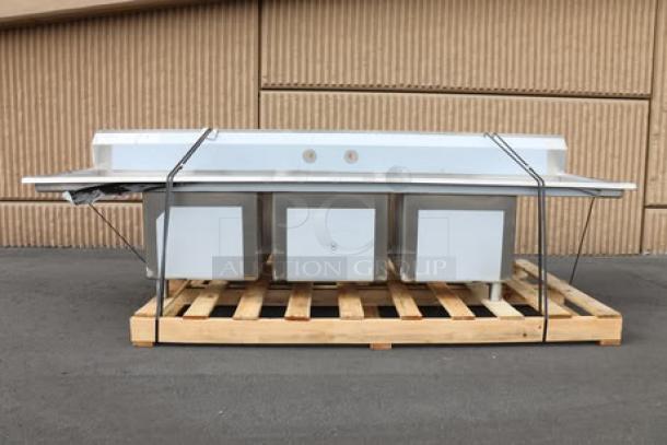BRAND NEW Regency 94" stainless steel 3-compartment sink with 2 drainboards, model 600S31824218, minor scuffs and dents.