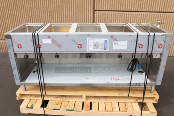 Advance Tabco SW-SE-240-BS six pan electric hot food table, sealed well; out of packaging, on pallet; minor scuffing/denting.