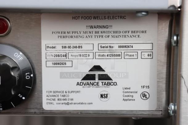 Advance Tabco SW-6E-240-BS electric hot food table, brand new, serial number 000092674, 208/240V, minor scuffing.