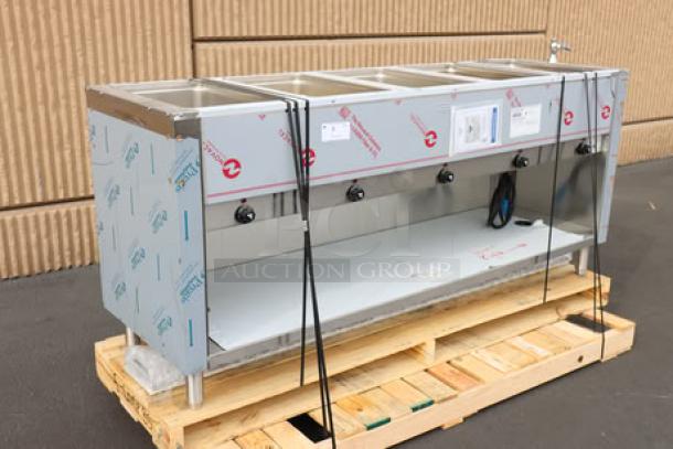 Advance Tabco SW-6E-240-BS six-pan electric hot food table, stainless steel, sealed wells, partially enclosed base, new, minor scuffs.