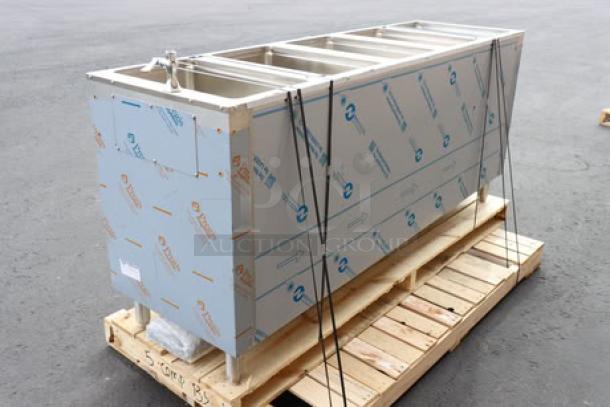 Advance Tabco SW-6E-240-BS six-pan electric hot food table, new, out of packaging, sealed well, minor scuffing visible.