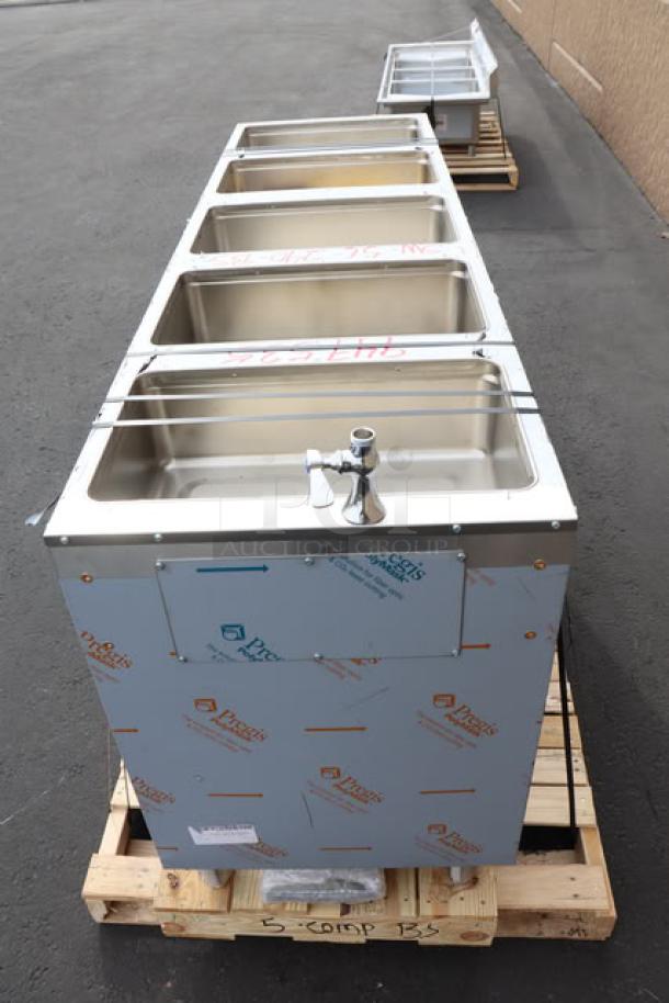 Advance Tabco SW-6E-240-BS six pan electric hot food table, sealed well, partially enclosed base, scuffing/minor dents visible.