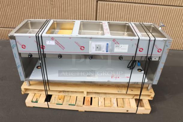 Advance Tabco SW-6E-240-BS six-pan electric hot food table, sealed wells, partially enclosed base, on pallet, minor scuffs/dents.