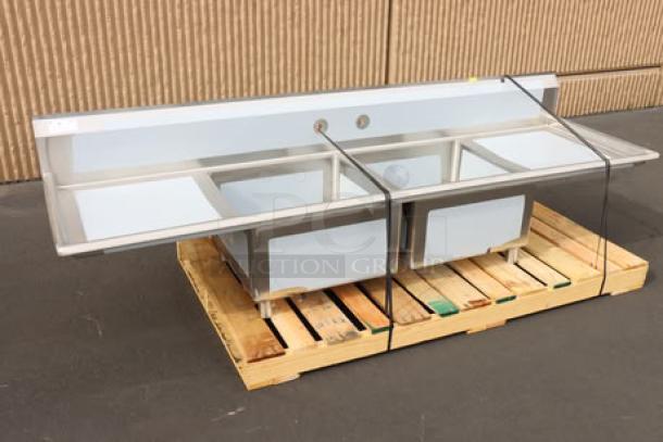 ✨Brand New✨ Regency S2C232312-24L&R stainless steel two-compartment sink with two drainboards, minor scuffs, on pallet.