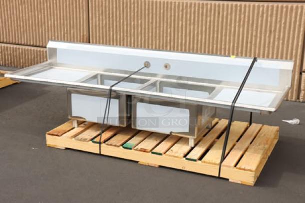 Regency S2C232312-24L&R 96" stainless steel two compartment sink, brand new, minor scuffing, with two 23"x23"x12" bowls.