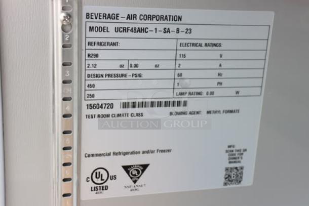 Beverage-Air UCRF48AHC-1-SA-B-23 tag showing model, electrical ratings, and serial number 15604720.