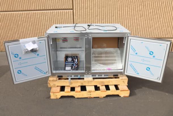 Beverage-Air UCRF48AHC-1-SA-B-23 48" dual temp undercounter fridge/freezer, new, slight scuffing, open doors, on pallet.