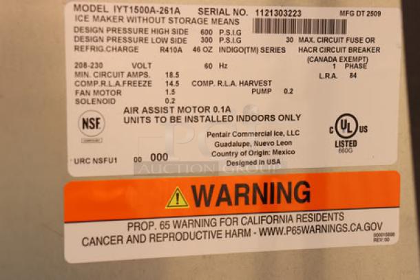 Manitowoc IYT1500A Indigo NXT Ice Machine, 48", air cooled, 1660 lb capacity. Exterior scratched/dented. Serial: 1121303223.