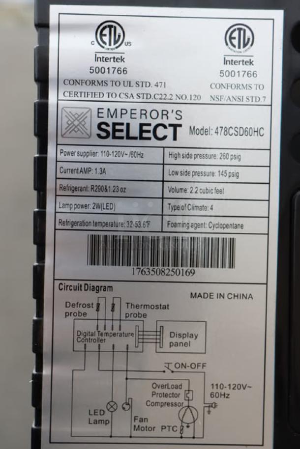 Brand new Emperor's Select CSD-60 refrigerated sushi display case label, 115V, 1.3A, model 476CSD60HC, made in China. Serial number 1763508250169.