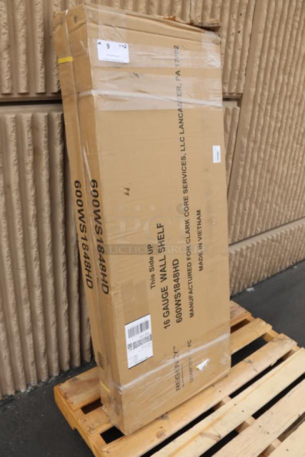 Regency SW1848-3-16-V stainless steel wall shelf in original packaging, brand new, 16 gauge, 18"x48", scratch-n-dent condition.
