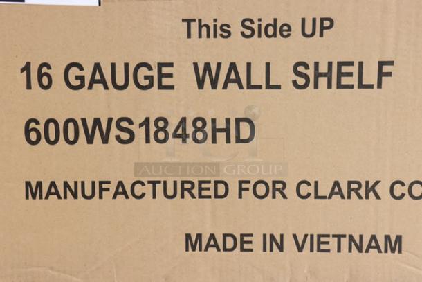 Brand new Regency SW1848-3-16-V 16-gauge stainless steel wall shelf, 18"x48", heavy duty, scratch-n-dent, Made in Vietnam.