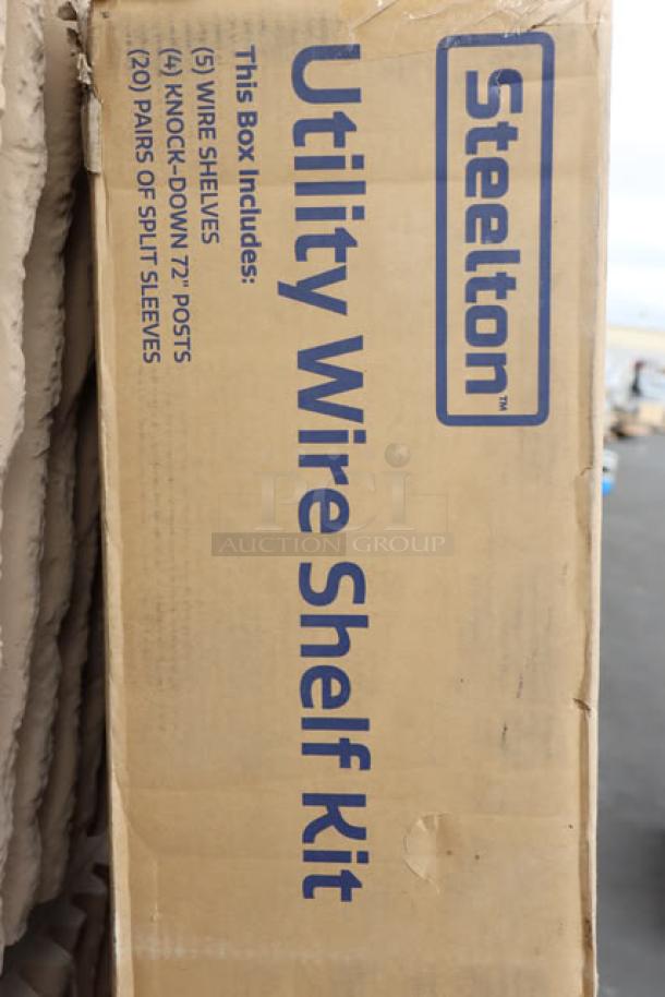 Steelton 5CA-186072-CR 18" x 60" NSF Chrome 5-Shelf Kit in original damaged packaging. Box shows contents: shelves, posts, sleeves.