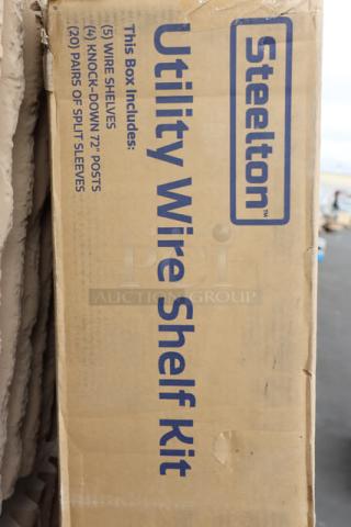 Steelton 5CA-186072-CR 18" x 60" NSF Chrome 5-Shelf Kit in original damaged packaging. Box shows contents: shelves, posts, sleeves.