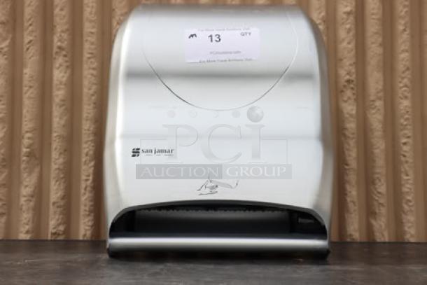 BRAND NEW SCRATCH-N-DENT San Jamar T8370SS hands-free paper towel dispenser, stainless steel look, labeled for easy use.