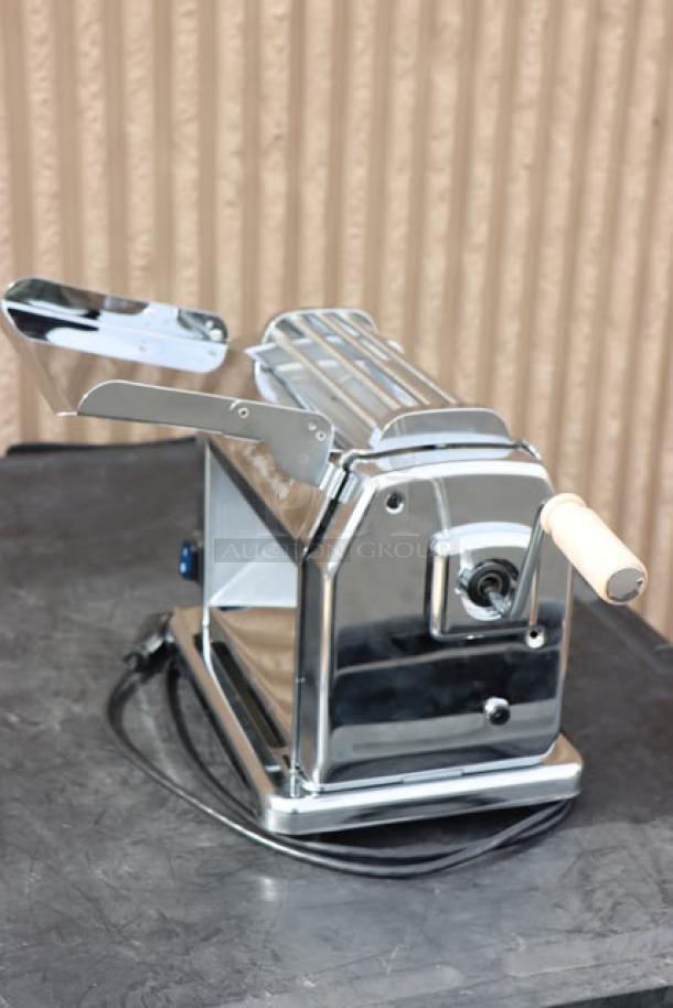 Imperia 038 electric stainless steel pasta machine, 8 1/4", 120V, 1/4 hp, brand new scratch-n-dent condition.
