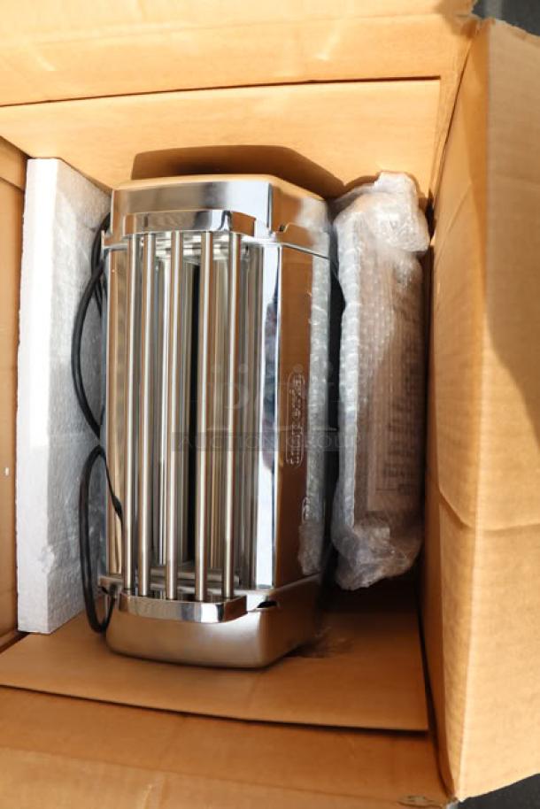 BRAND NEW Imperia 038 Electric Pasta Machine, stainless steel, 8 1/4", 120V, 1/4 hp, in original packaging with protective wrapping.