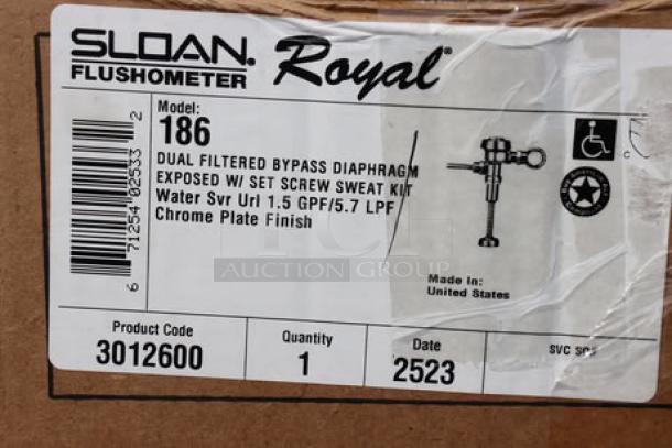 Brand new Sloan Royal Flushometer model 3012600 186, 1.5 GPF, in box. Features 3/4" top spud and angle stop, chrome finish.