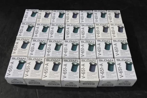 28 unopened Sloan V-651-A Vacuum Breaker Repair Kits, brand new in original packaging.